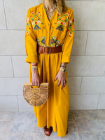 Mustard Cabana Embroidered Linen Dress