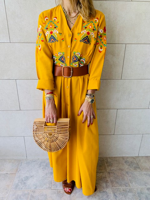 Mustard Cabana Embroidered Linen Dress