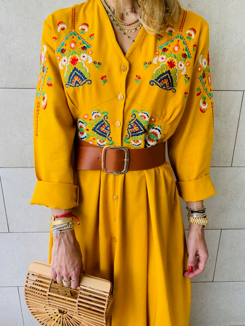 Mustard Cabana Embroidered Linen Dress