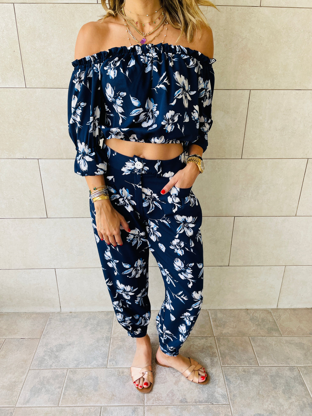 2 Piece Navy Floral Set