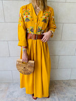 Mustard Cabana Embroidered Linen Dress