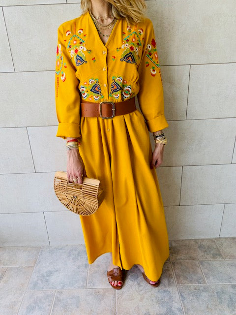 Mustard Cabana Embroidered Linen Dress