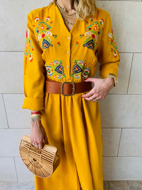 Mustard Cabana Embroidered Linen Dress