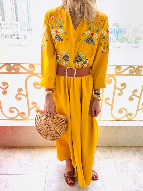 Mustard Cabana Embroidered Linen Dress