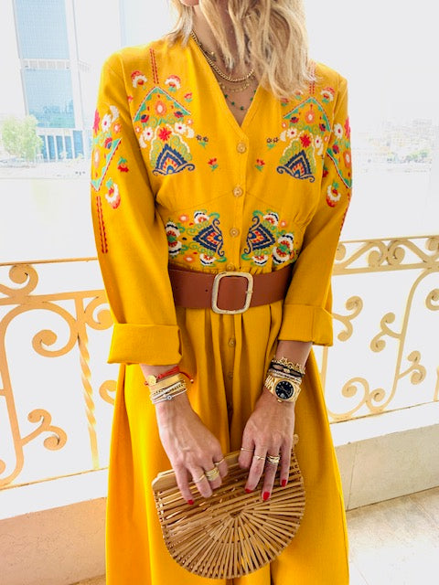 Mustard Cabana Embroidered Linen Dress