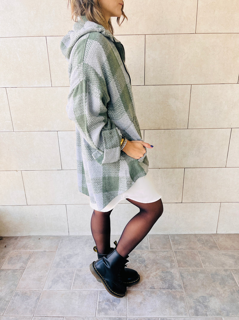 Olive High Low Flannel Zip Up