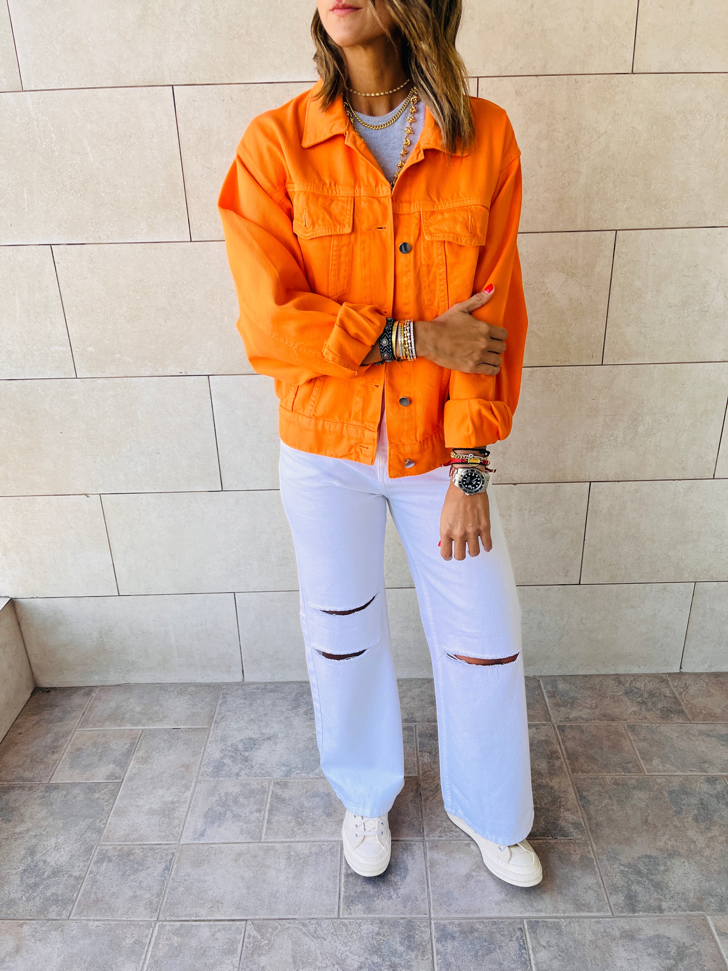 Bright orange denim discount jacket