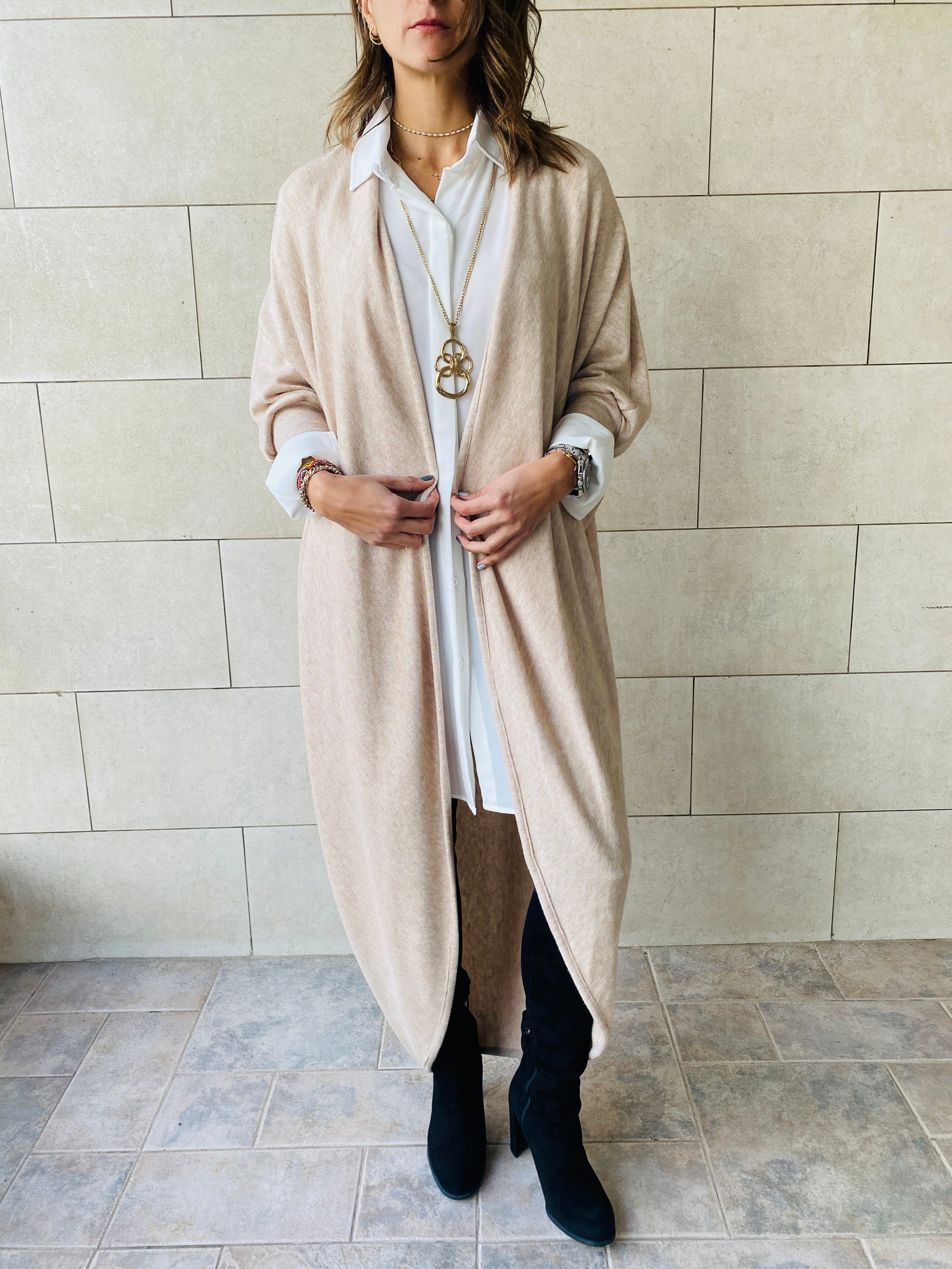 Beige Longline Shrug Cardigan – Frillu