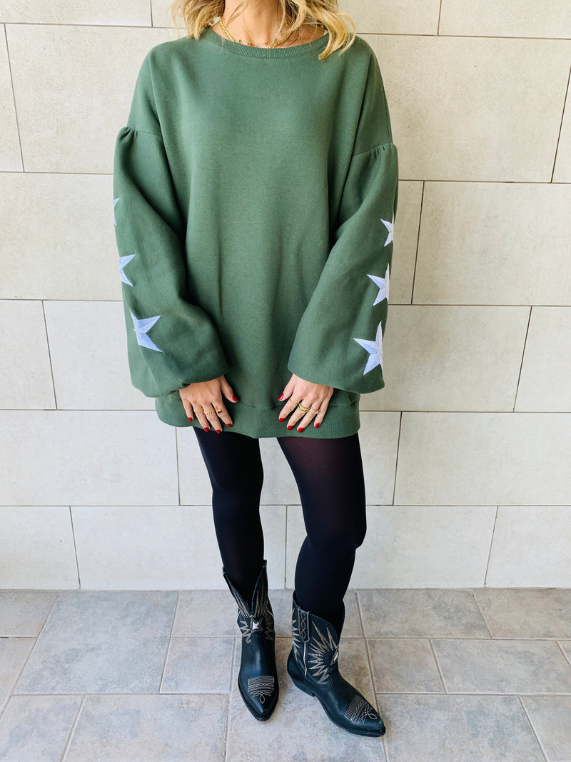 Olive Star Embroidered LongLine Sweatshirt