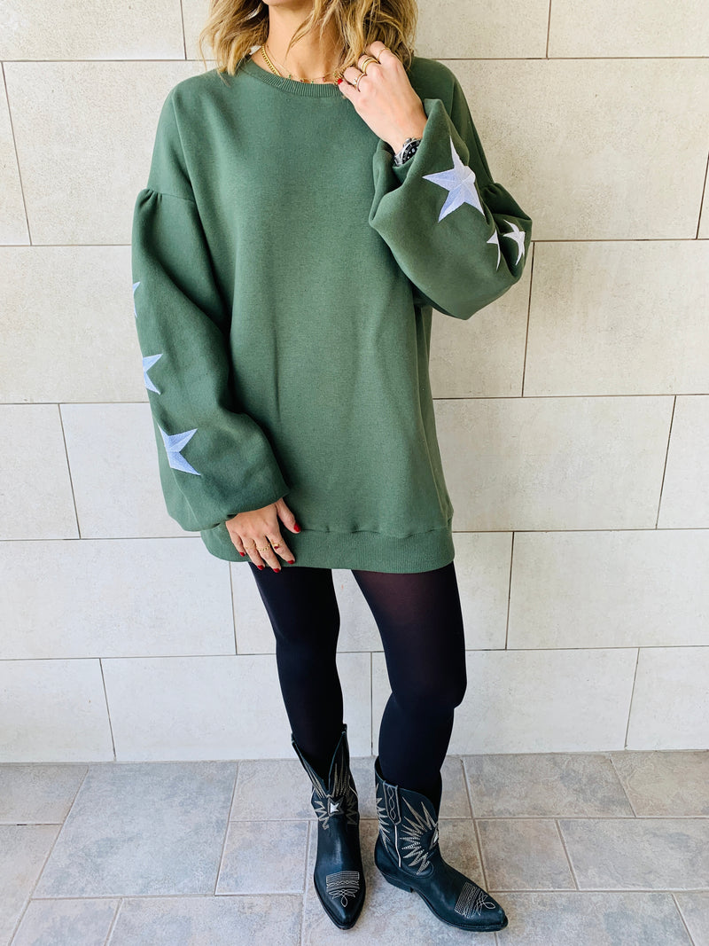 Olive Star Embroidered LongLine Sweatshirt