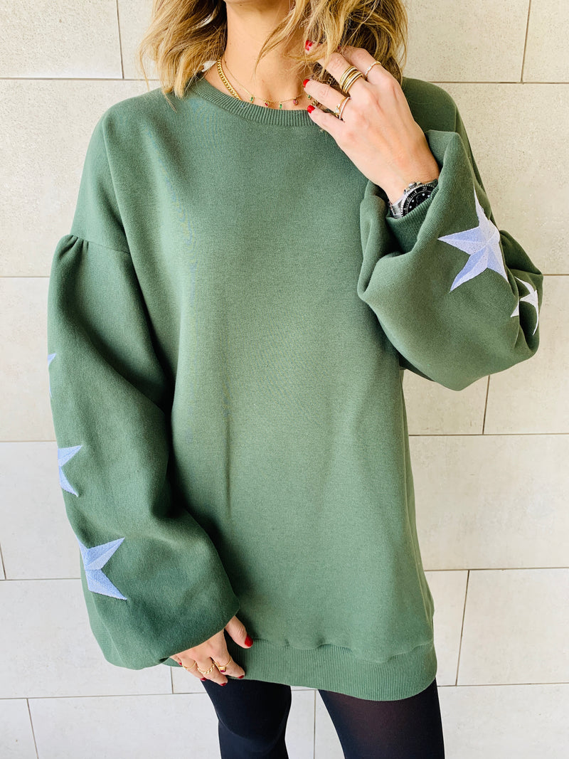 Olive Star Embroidered LongLine Sweatshirt