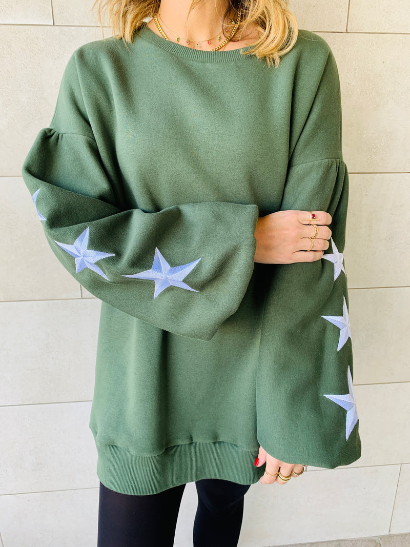 Olive Star Embroidered LongLine Sweatshirt