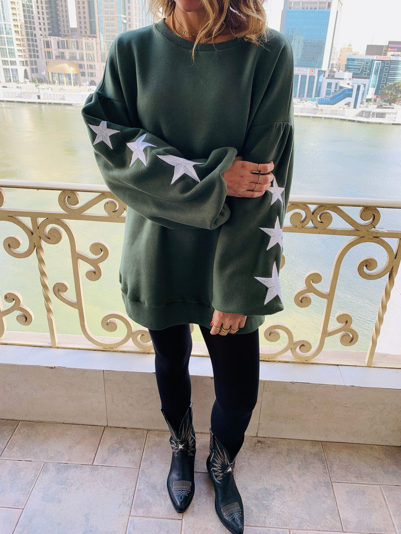 Olive Star Embroidered LongLine Sweatshirt