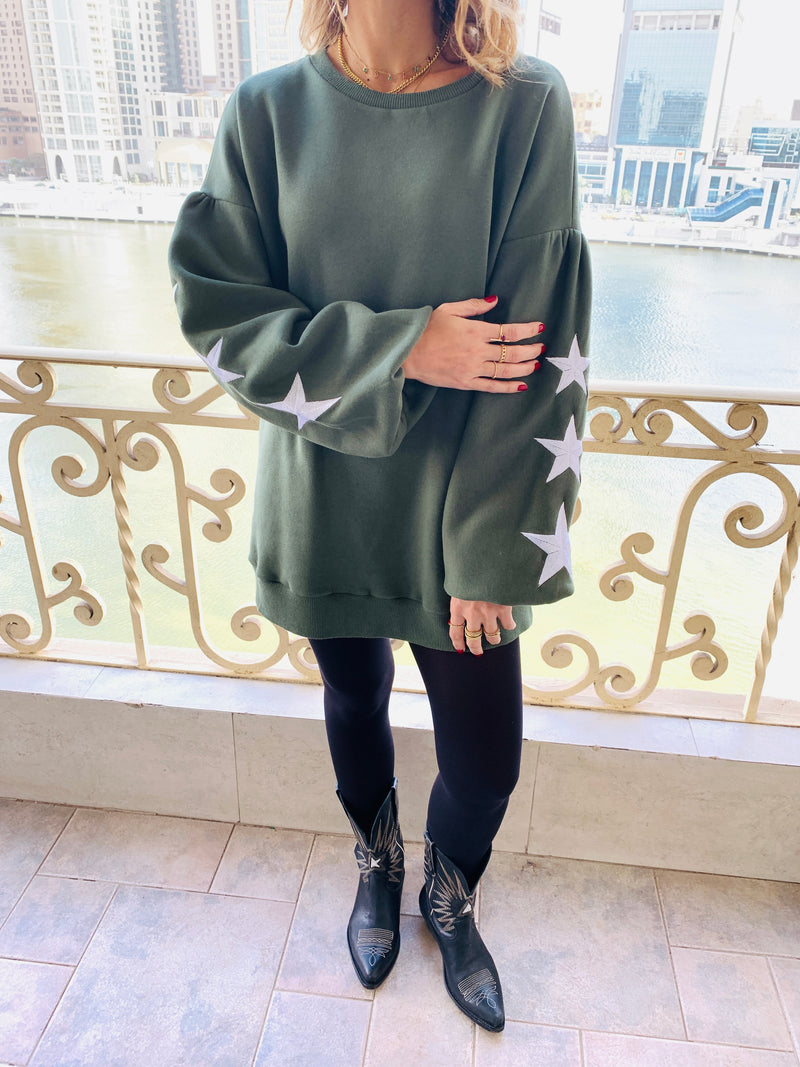 Olive Star Embroidered LongLine Sweatshirt