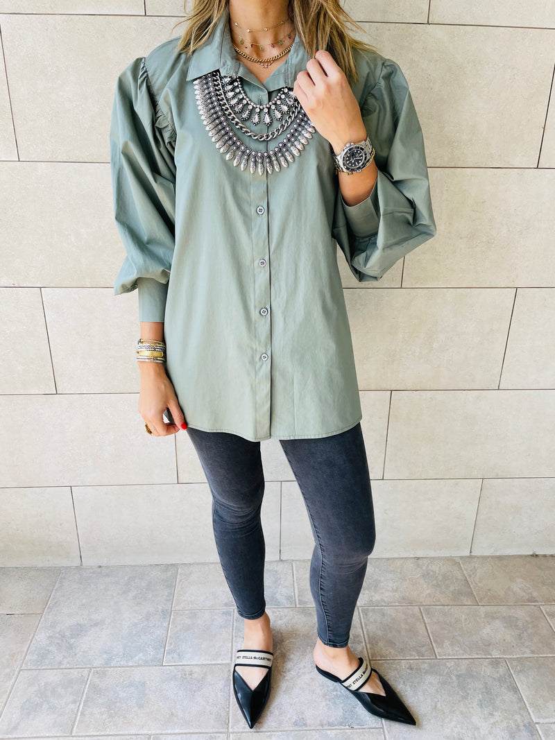 Olive Puffed Sleeve Shirt