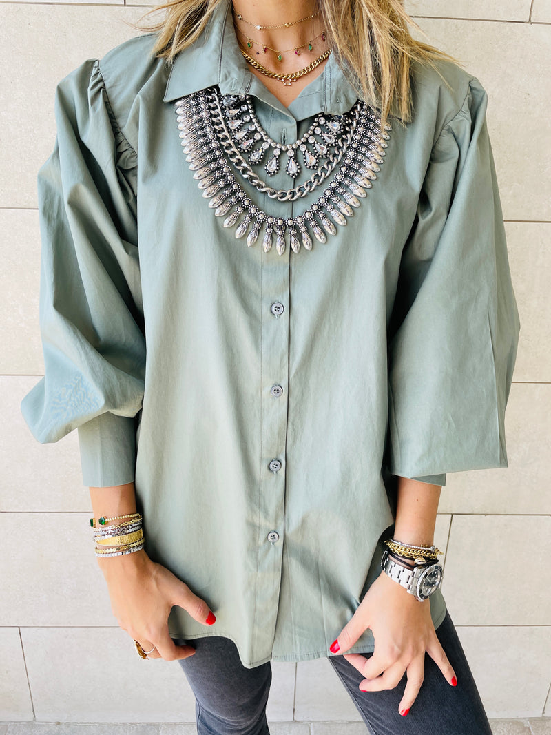 Olive Puffed Sleeve Shirt