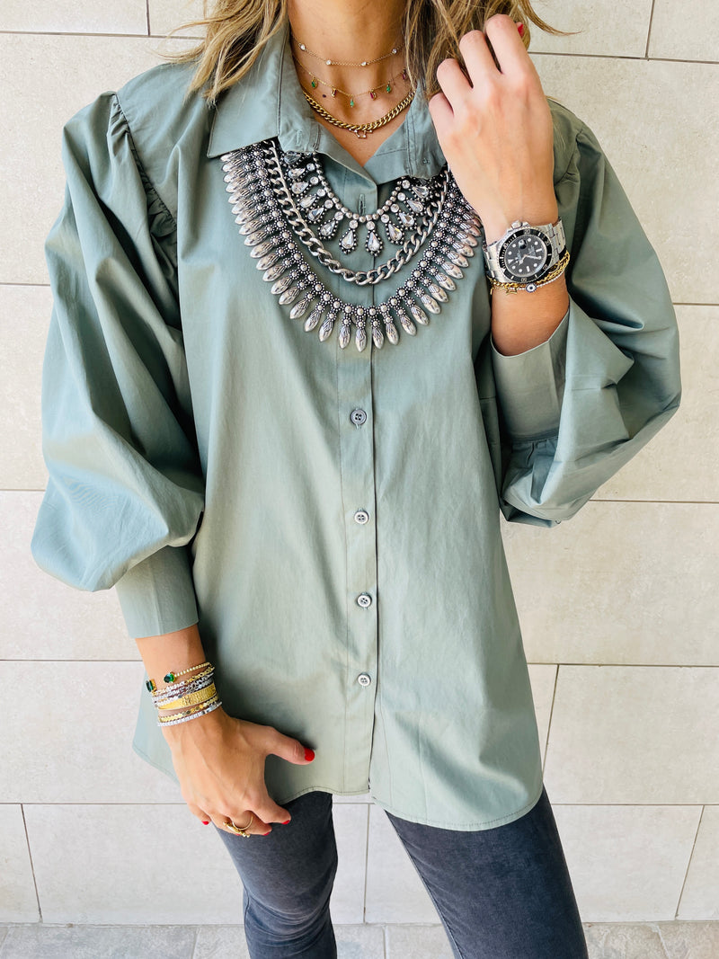 Olive Puffed Sleeve Shirt