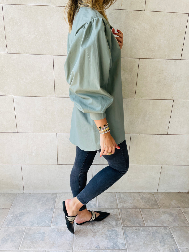 Olive Puffed Sleeve Shirt
