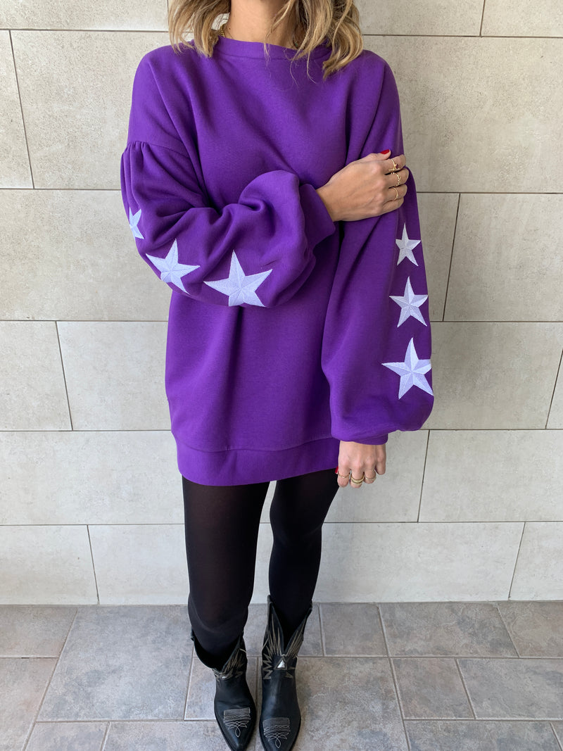 Purple Star Embroidered LongLine Sweatshirt