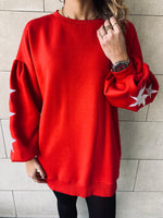Red Star Embroidered LongLine Sweatshirt