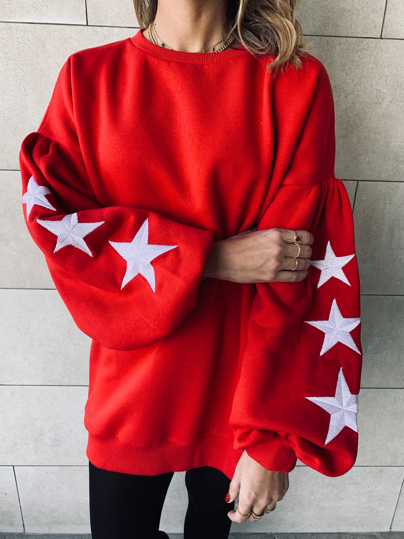 Red Star Embroidered LongLine Sweatshirt