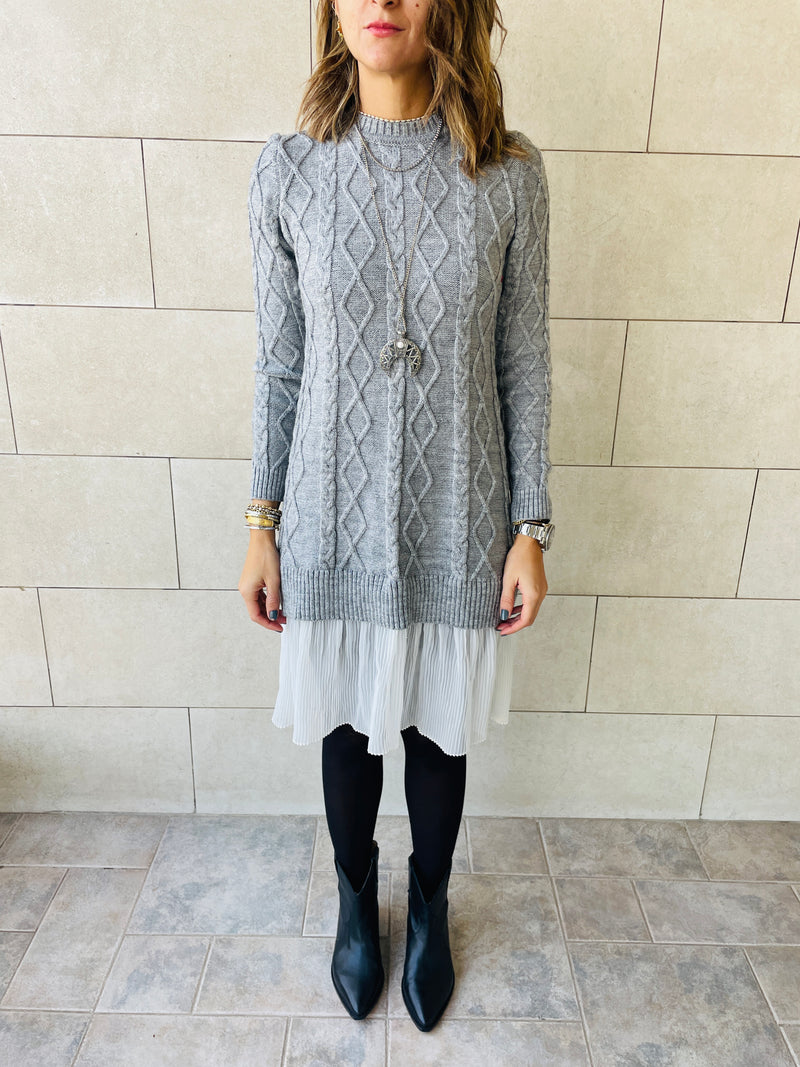 Grey Cable Plisse Hem Tunic
