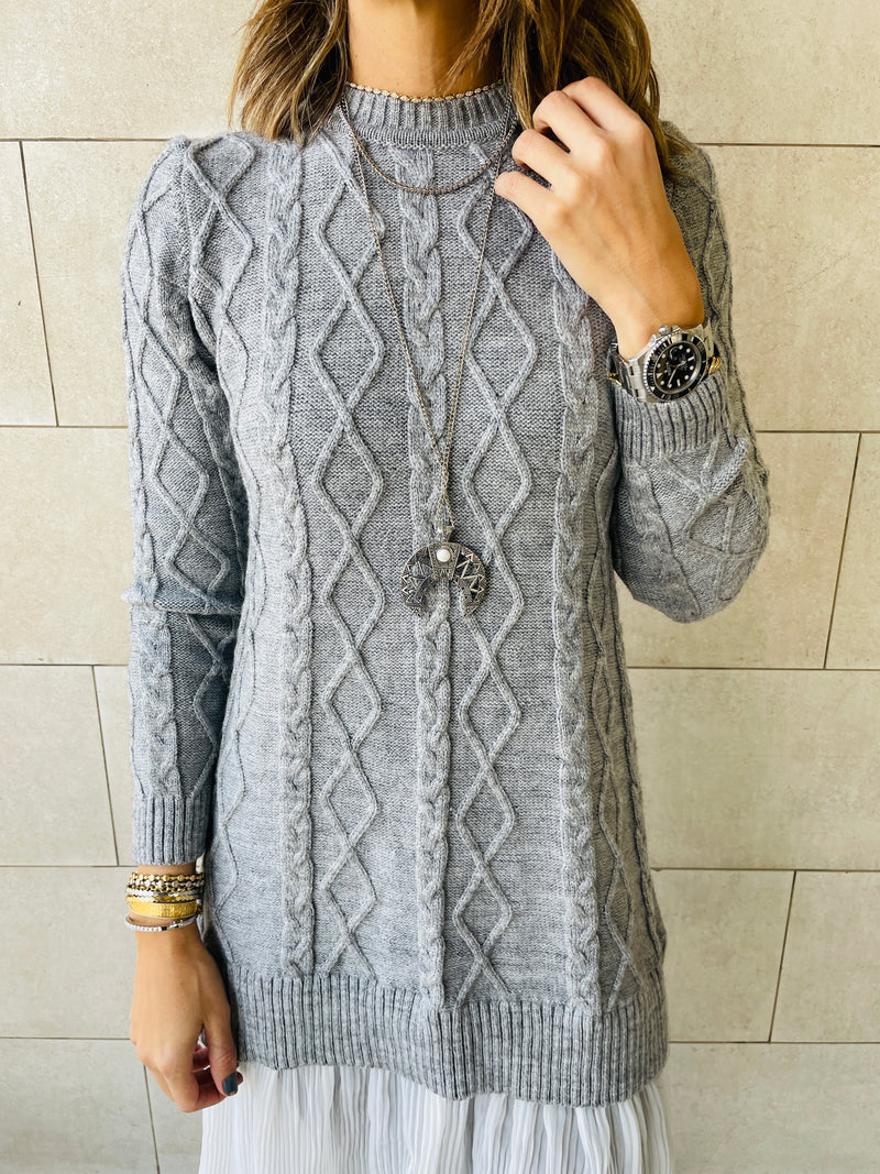 Grey Cable Plisse Hem Tunic