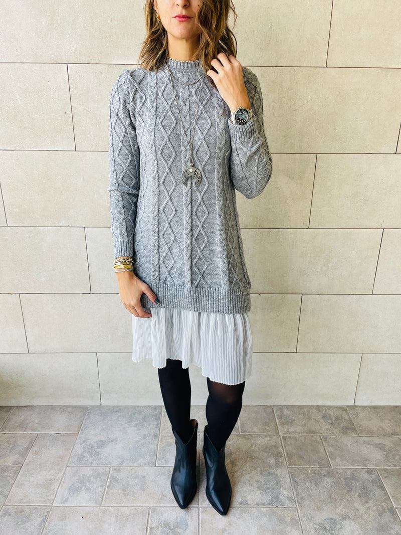 Grey Cable Plisse Hem Tunic