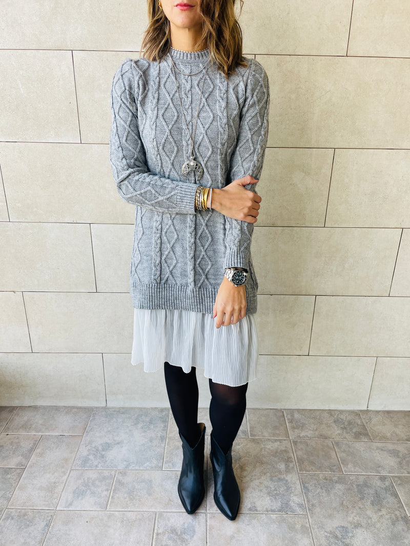 Grey Cable Plisse Hem Tunic