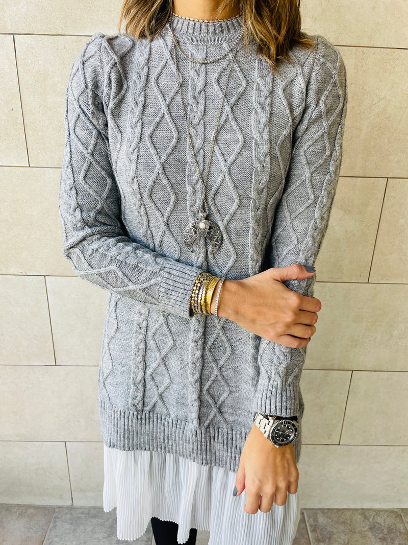 Grey Cable Plisse Hem Tunic
