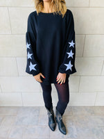 Black Star Embroidered LongLine Sweatshirt