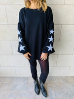 Black Star Embroidered LongLine Sweatshirt