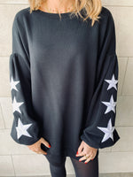 Black Star Embroidered LongLine Sweatshirt