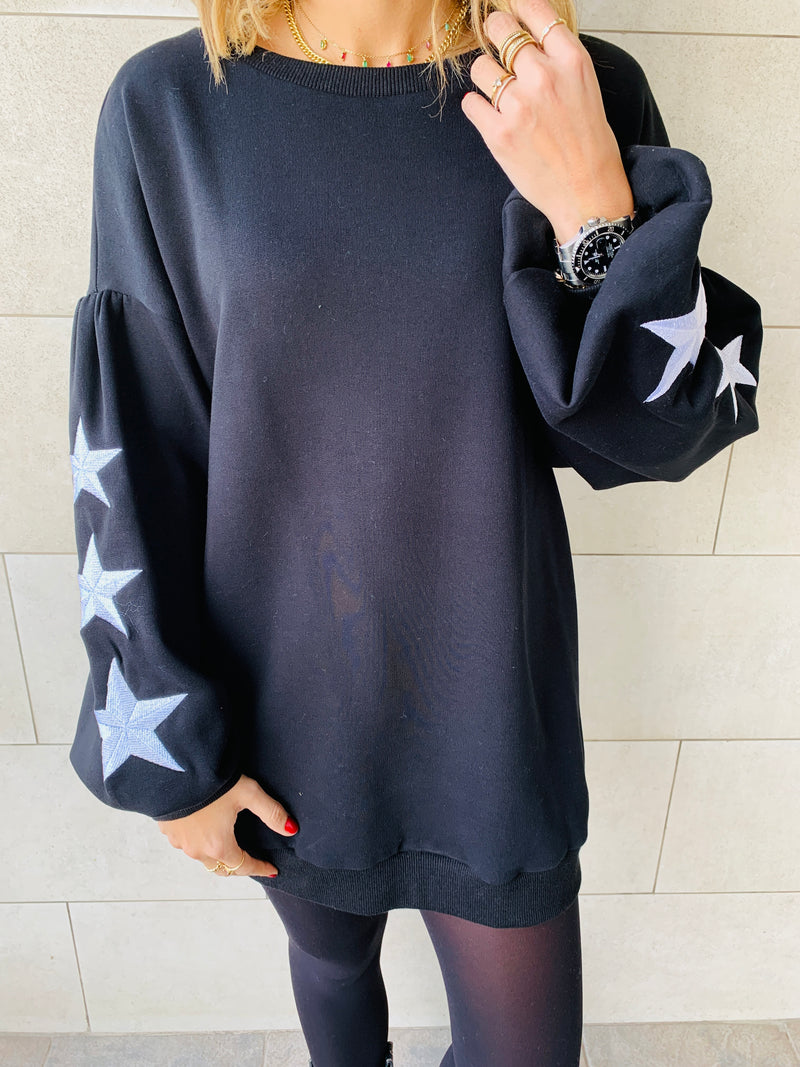 Black Star Embroidered LongLine Sweatshirt