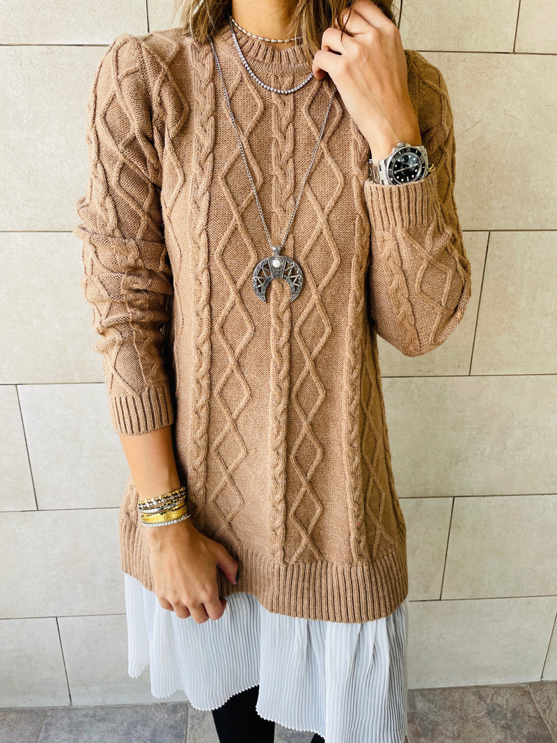Taupe Cable Plisse Hem Tunic