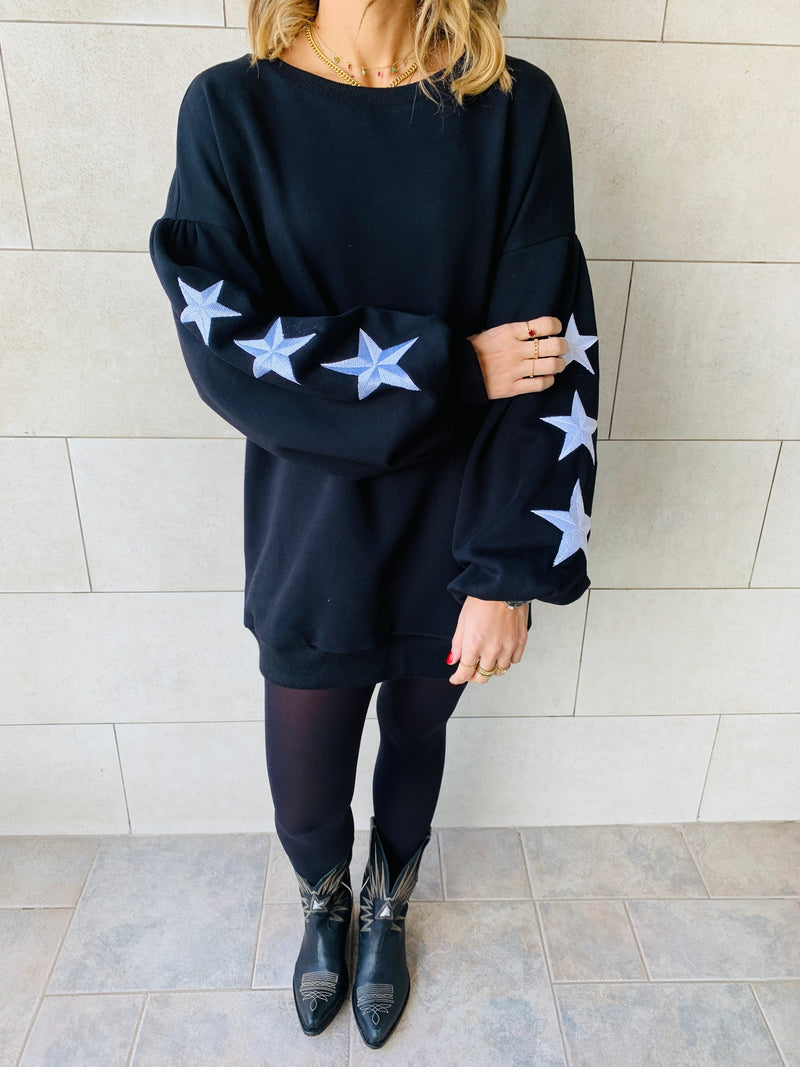 Black Star Embroidered LongLine Sweatshirt