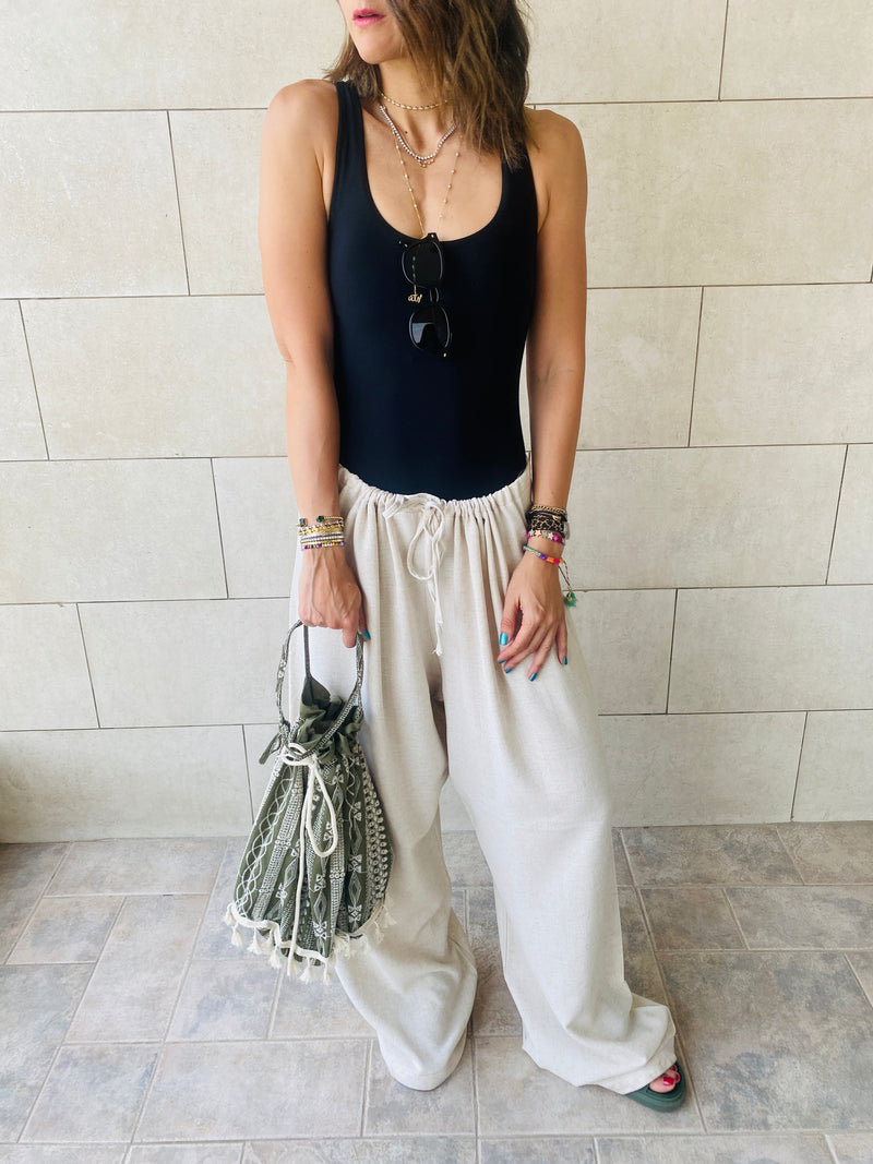 Beige Linen Beach Pants