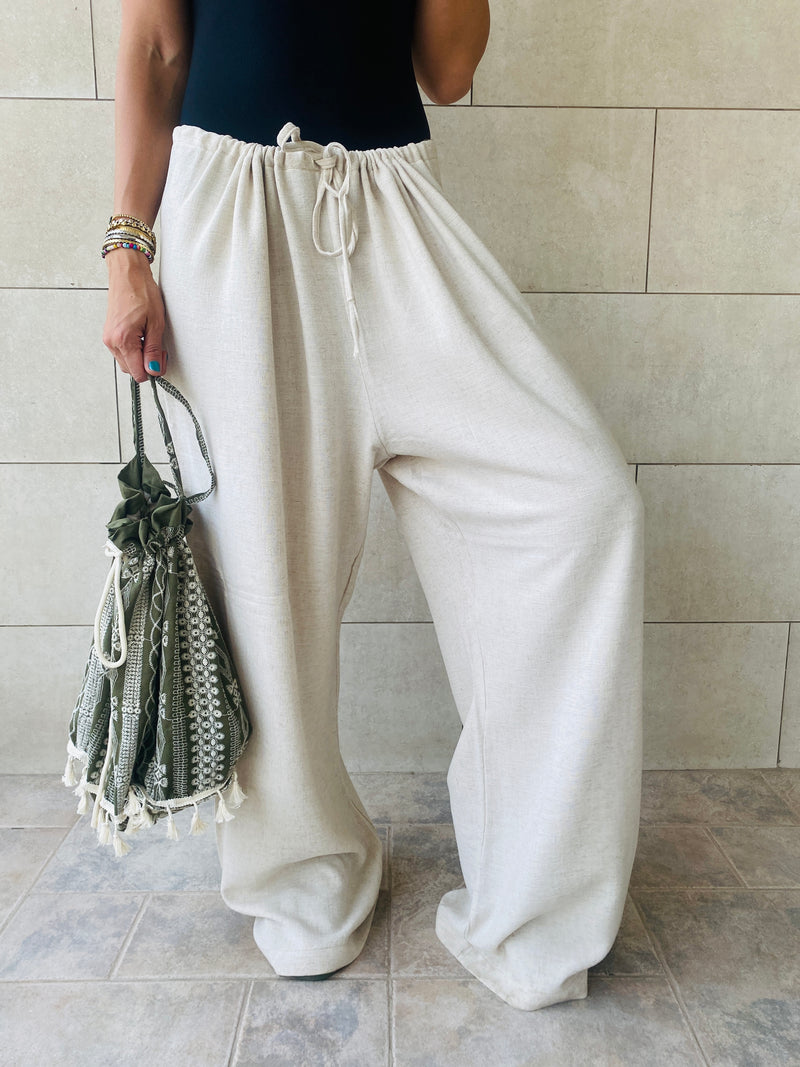 Beige Linen Beach Pants