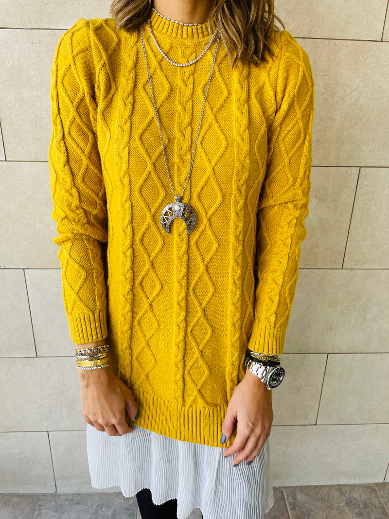 Mustard Cable Plisse Hem Tunic