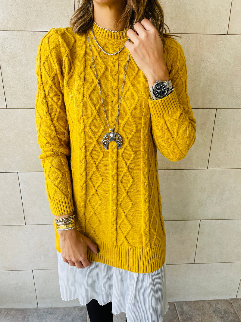 Mustard Cable Plisse Hem Tunic