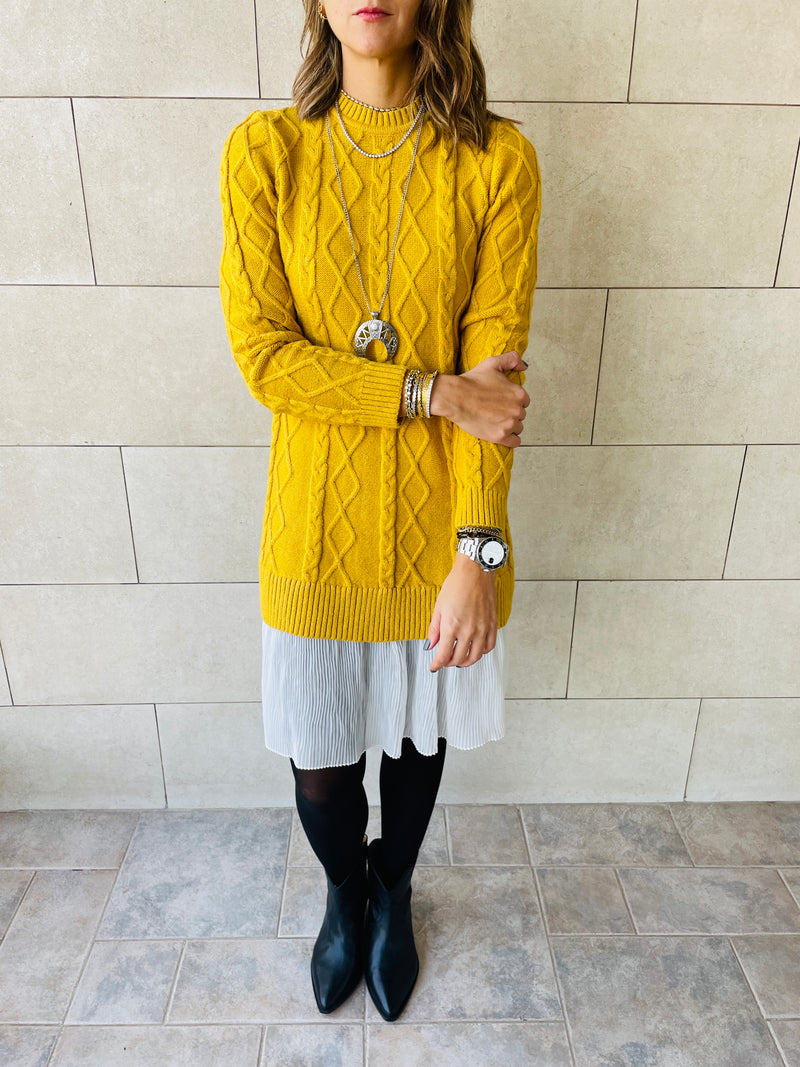 Mustard Cable Plisse Hem Tunic