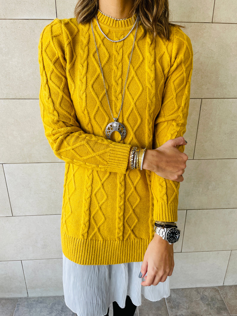 Mustard Cable Plisse Hem Tunic