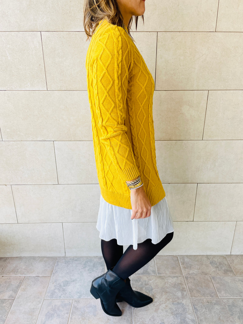 Mustard Cable Plisse Hem Tunic