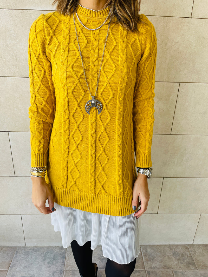 Mustard Cable Plisse Hem Tunic