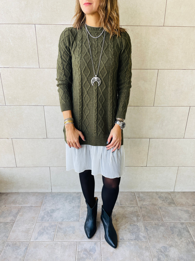 Olive Cable Plisse Hem Tunic