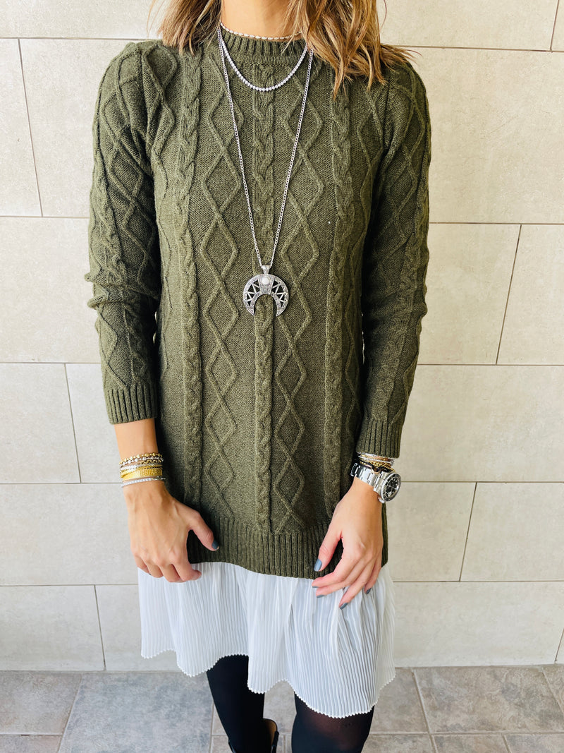 Olive Cable Plisse Hem Tunic