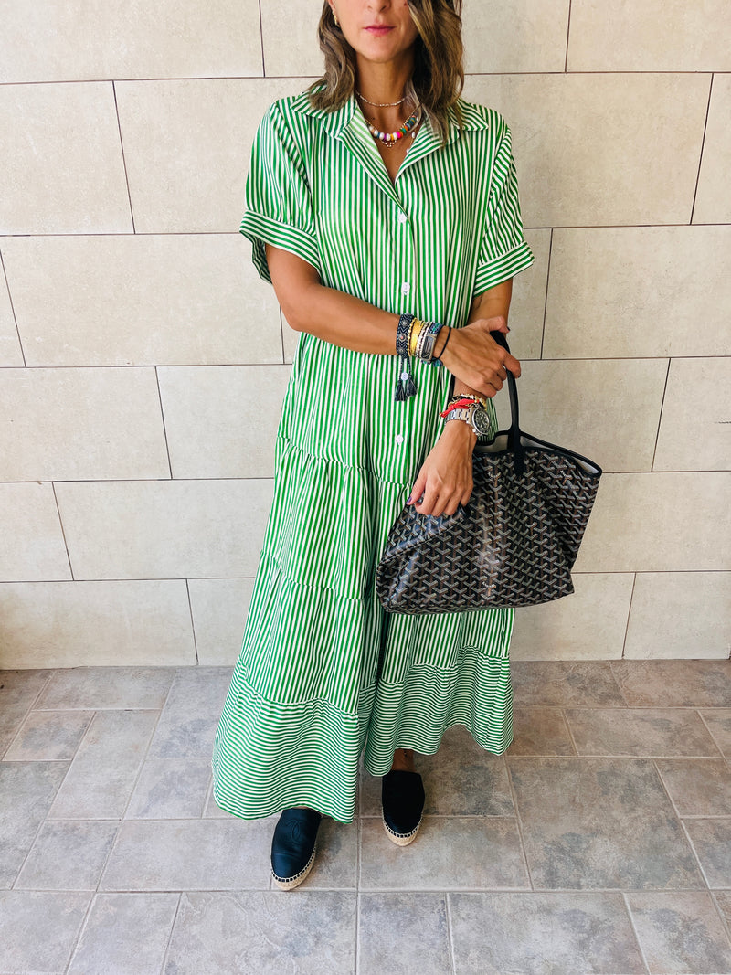 Green Pinstripe Maxi Tiered Dress