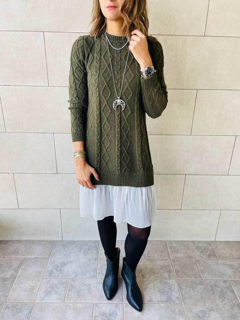 Olive Cable Plisse Hem Tunic