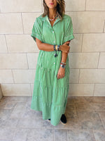 Green Pinstripe Maxi Tiered Dress
