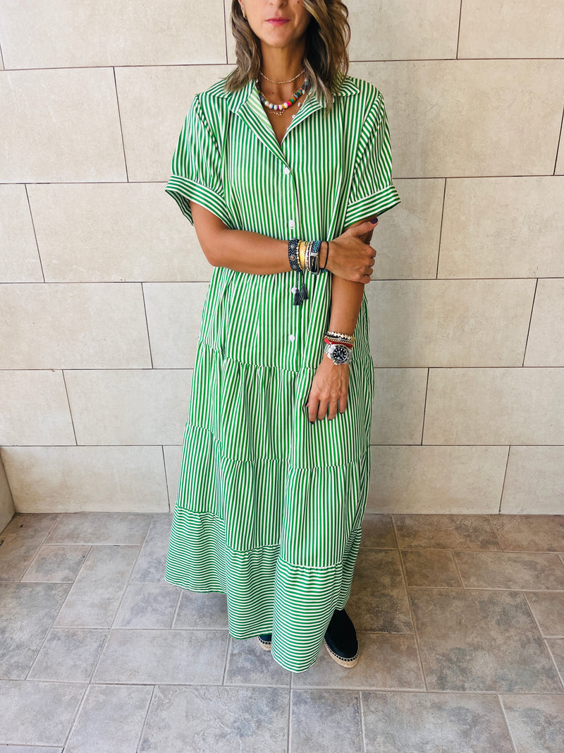 Green Pinstripe Maxi Tiered Dress
